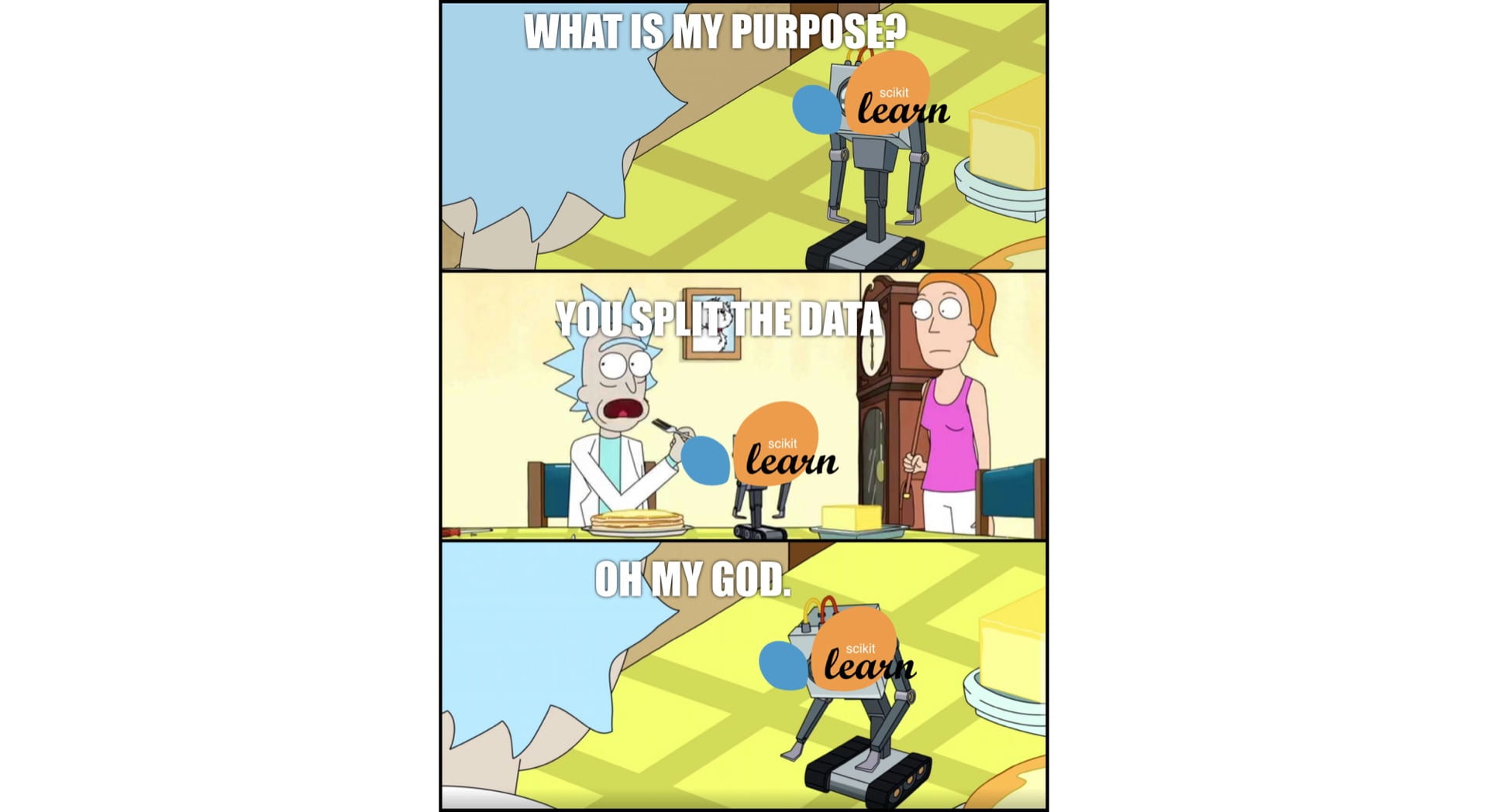 Meme "Rick and Morty" de três quadrinhos: no primeiro, um robô pergunta "QUAL É O MEU PROPÓSITO?" com o rótulo "scikit-learn". No segundo, Rick responde "VOCÊ SEPARA OS DADOS". No terceiro, o robô diz "AH MEU DEUS"